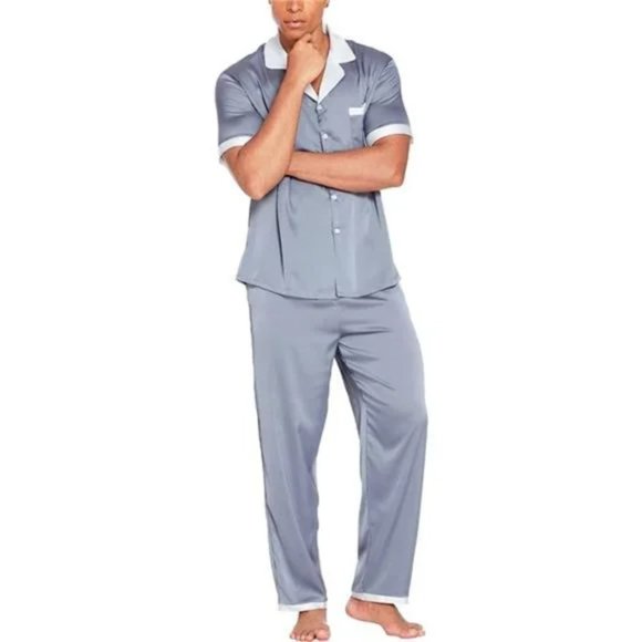 Men Silk Satin Pajamas Set Short Sleeve Light Gray - Picture 4 of 8
